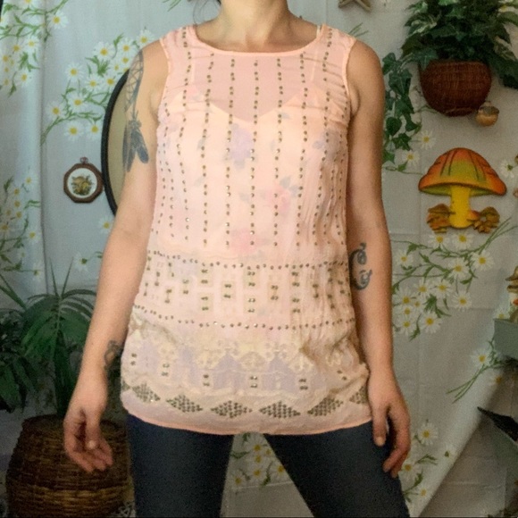 Anthro Floreat sheer pink gold embroidered tank - Picture 2 of 6